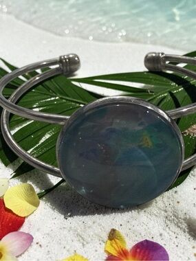 Blue Opal Dome Silver Tone Cuff Bracelet